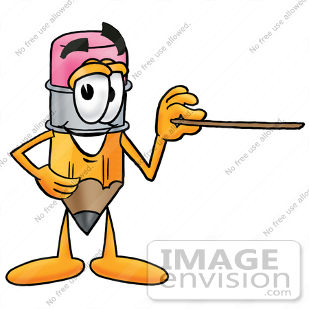#25973 Clip Art Graphic of a Yellow Number 2 Pencil With an Eraser Cartoon Character Holding a Pointer Stick by toons4biz