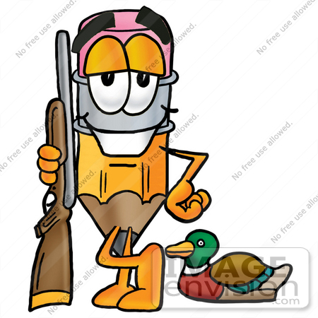 #25979 Clip Art Graphic of a Yellow Number 2 Pencil With an Eraser Cartoon Character Duck Hunting, Standing With a Rifle and Duck by toons4biz