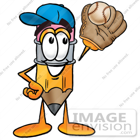 #25989 Clip Art Graphic of a Yellow Number 2 Pencil With an Eraser Cartoon Character Catching a Baseball With a Glove by toons4biz
