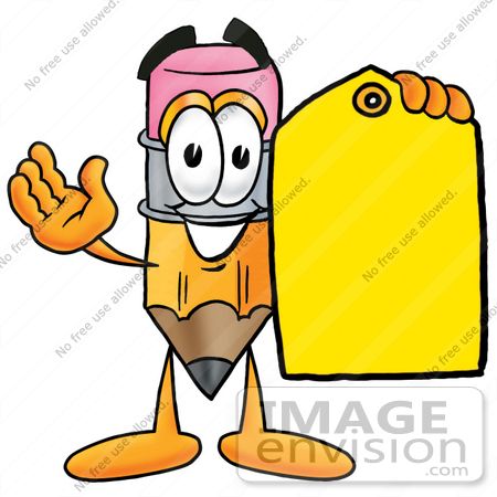 #25994 Clip Art Graphic of a Yellow Number 2 Pencil With an Eraser Cartoon Character Holding a Yellow Sales Price Tag by toons4biz