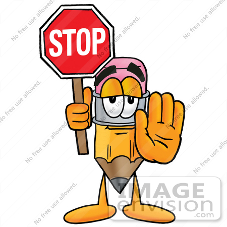 #25995 Clip Art Graphic of a Yellow Number 2 Pencil With an Eraser Cartoon Character Holding a Stop Sign by toons4biz