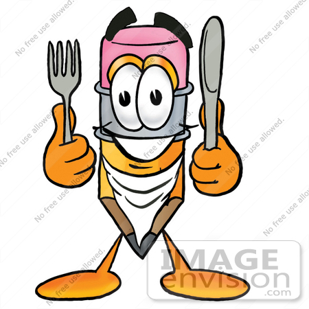 #25997 Clip Art Graphic of a Yellow Number 2 Pencil With an Eraser Cartoon Character Holding a Knife and Fork by toons4biz