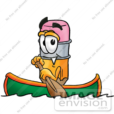 #25999 Clip Art Graphic of a Yellow Number 2 Pencil With an Eraser Cartoon Character Rowing a Boat by toons4biz