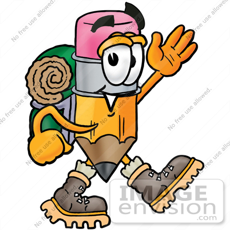 #26000 Clip Art Graphic of a Yellow Number 2 Pencil With an Eraser Cartoon Character Hiking and Carrying a Backpack by toons4biz