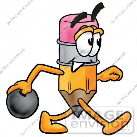 #26001 Clip Art Graphic of a Yellow Number 2 Pencil With an Eraser Cartoon Character Holding a Bowling Ball by toons4biz