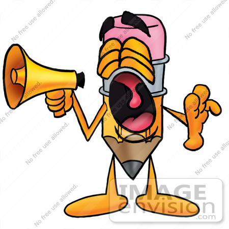 #26009 Clip Art Graphic of a Yellow Number 2 Pencil With an Eraser Cartoon Character Screaming Into a Megaphone by toons4biz