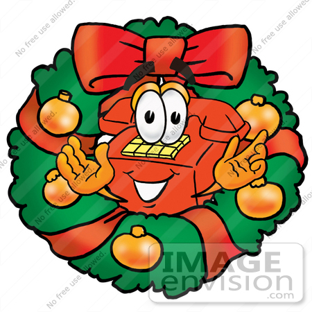 #26022 Clip Art Graphic of a Red Landline Telephone Cartoon Character in the Center of a Christmas Wreath by toons4biz
