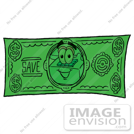 #26023 Clip Art Graphic of a Red Landline Telephone Cartoon Character on a Dollar Bill by toons4biz