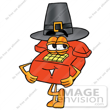#26025 Clip Art Graphic of a Red Landline Telephone Cartoon Character Wearing a Pilgrim Hat on Thanksgiving by toons4biz