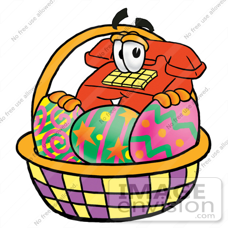 #26026 Clip Art Graphic of a Red Landline Telephone Cartoon Character in an Easter Basket Full of Decorated Easter Eggs by toons4biz