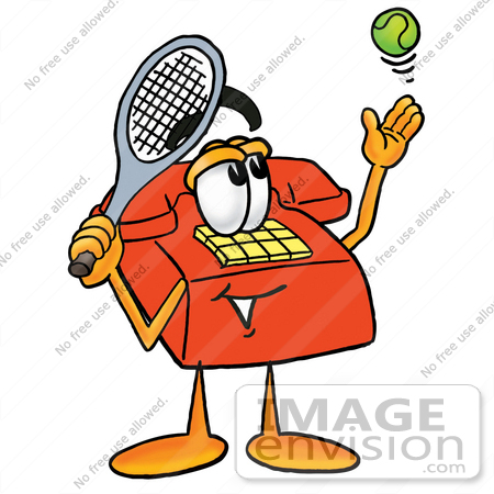 #26028 Clip Art Graphic of a Red Landline Telephone Cartoon Character Preparing to Hit a Tennis Ball by toons4biz