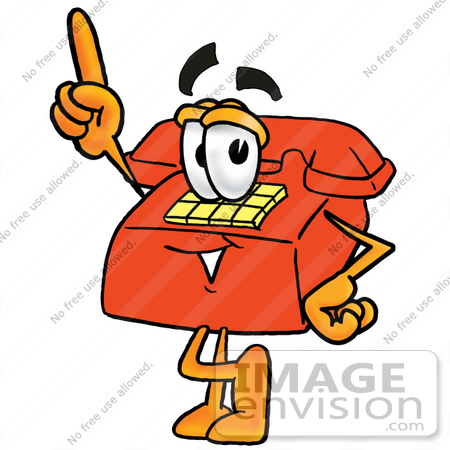 #26029 Clip Art Graphic of a Red Landline Telephone Cartoon Character Pointing Upwards by toons4biz