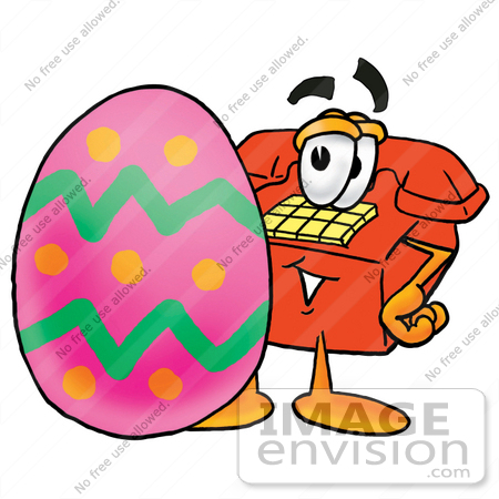 #26030 Clip Art Graphic of a Red Landline Telephone Cartoon Character Standing Beside an Easter Egg by toons4biz