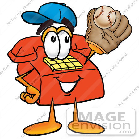 #26046 Clip Art Graphic of a Red Landline Telephone Cartoon Character Catching a Baseball With a Glove by toons4biz