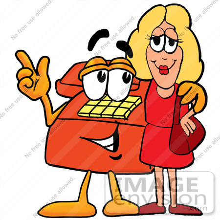 #26057 Clip Art Graphic of a Red Landline Telephone Cartoon Character Talking to a Pretty Blond Woman by toons4biz