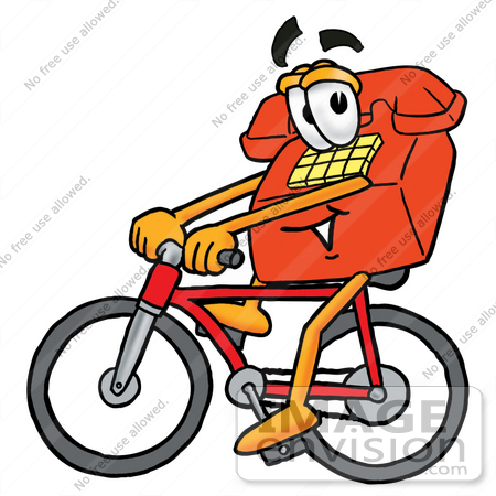 #26063 Clip Art Graphic of a Red Landline Telephone Cartoon Character Riding a Bicycle by toons4biz