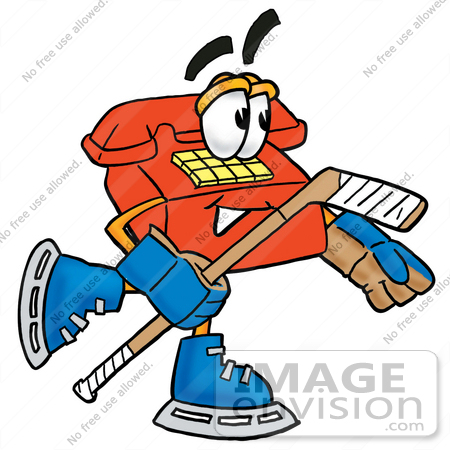 #26064 Clip Art Graphic of a Red Landline Telephone Cartoon Character Playing Ice Hockey by toons4biz