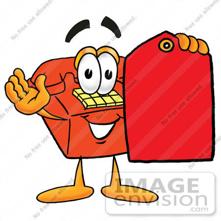 #26065 Clip Art Graphic of a Red Landline Telephone Cartoon Character Holding a Red Sales Price Tag by toons4biz