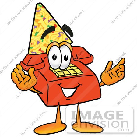 #26072 Clip Art Graphic of a Red Landline Telephone Cartoon Character Wearing a Birthday Party Hat by toons4biz