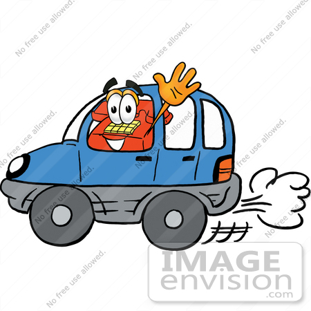 #26075 Clip Art Graphic of a Red Landline Telephone Cartoon Character Driving a Blue Car and Waving by toons4biz