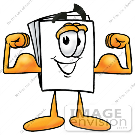 #26084 Clip Art Graphic of a White Copy and Print Paper Cartoon Character Flexing His Arm Muscles by toons4biz