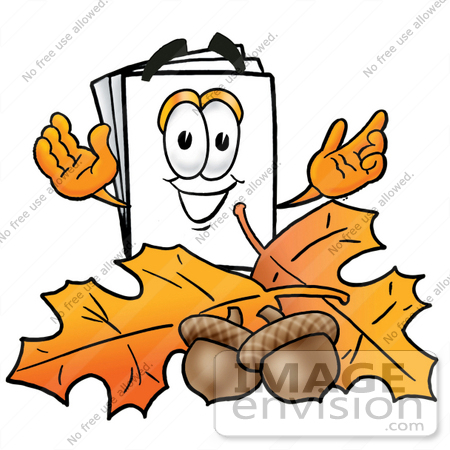 #26097 Clip Art Graphic of a White Copy and Print Paper Cartoon Character With Autumn Leaves and Acorns in the Fall by toons4biz