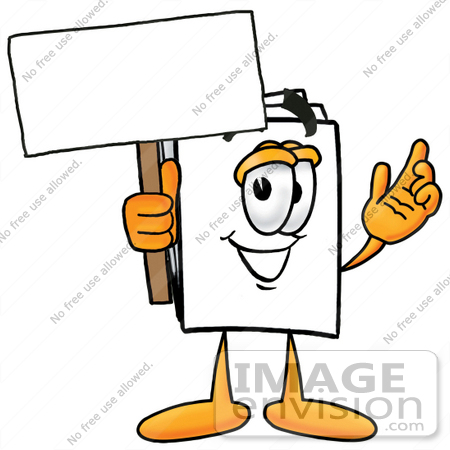 #26099 Clip Art Graphic of a White Copy and Print Paper Cartoon Character Holding a Blank Sign by toons4biz