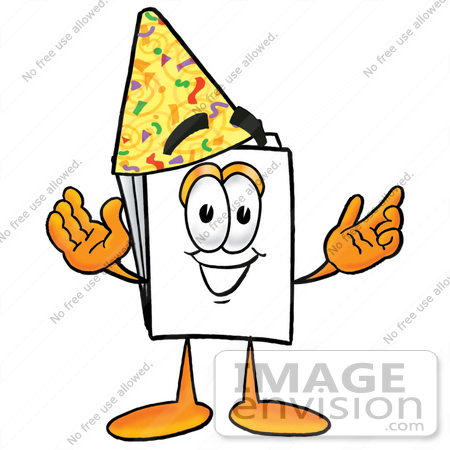 #26100 Clip Art Graphic of a White Copy and Print Paper Cartoon Character Wearing a Birthday Party Hat by toons4biz