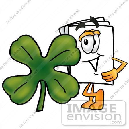 #26102 Clip Art Graphic of a White Copy and Print Paper Cartoon Character With a Green Four Leaf Clover on St Paddy’s or St Patricks Day by toons4biz