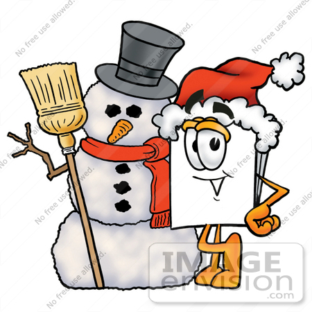 #26105 Clip Art Graphic of a White Copy and Print Paper Cartoon Character With a Snowman on Christmas by toons4biz