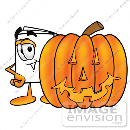 #26109 Clip Art Graphic of a White Copy and Print Paper Cartoon Character With a Carved Halloween Pumpkin by toons4biz