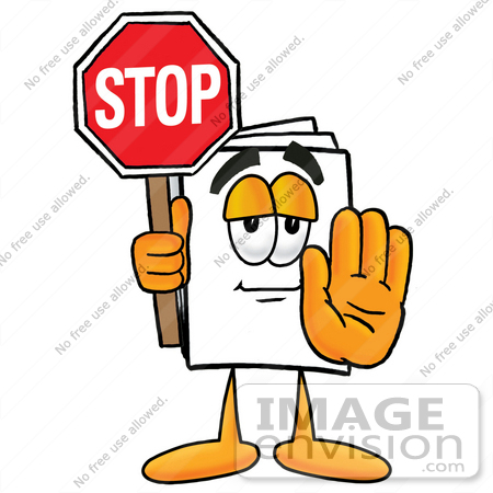 #26113 Clip Art Graphic of a White Copy and Print Paper Cartoon Character Holding a Stop Sign by toons4biz