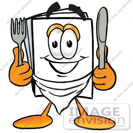 #26115 Clip Art Graphic of a White Copy and Print Paper Cartoon Character Holding a Knife and Fork by toons4biz
