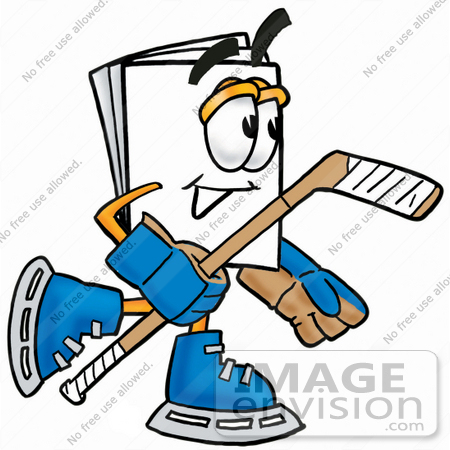 #26117 Clip Art Graphic of a White Copy and Print Paper Cartoon Character Playing Ice Hockey by toons4biz