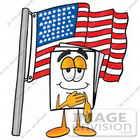 #26120 Clip Art Graphic of a White Copy and Print Paper Cartoon Character Pledging Allegiance to an American Flag by toons4biz