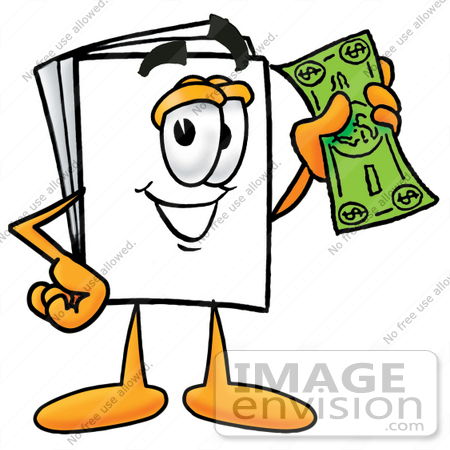 #26121 Clip Art Graphic of a White Copy and Print Paper Cartoon Character Holding a Dollar Bill by toons4biz
