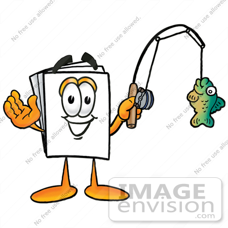 #26136 Clip Art Graphic of a White Copy and Print Paper Cartoon Character Holding a Fish on a Fishing Pole by toons4biz