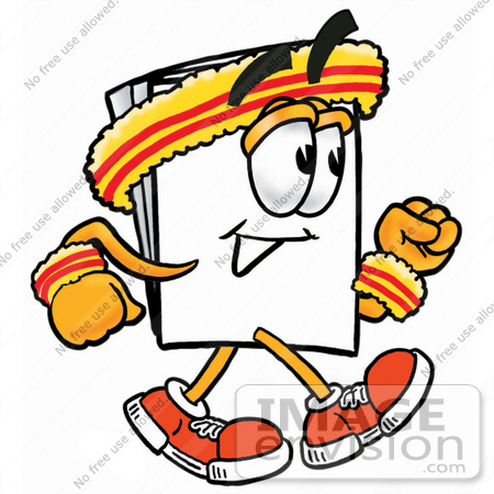#26137 Clip Art Graphic of a White Copy and Print Paper Cartoon Character Speed Walking or Jogging by toons4biz