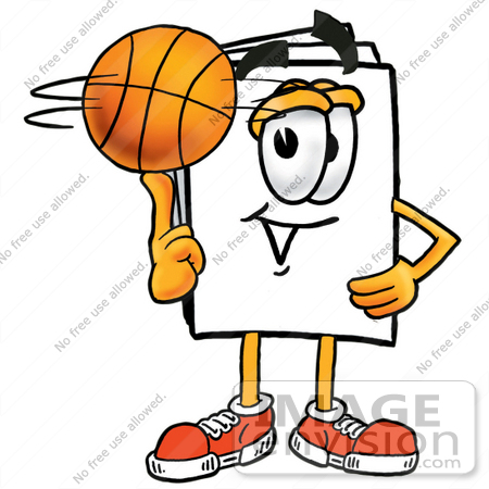 #26138 Clip Art Graphic of a White Copy and Print Paper Cartoon Character Spinning a Basketball on His Finger by toons4biz