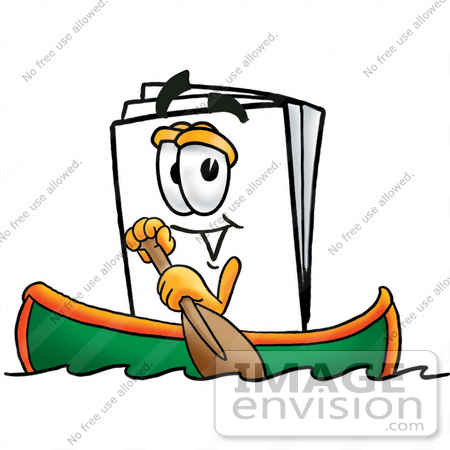 #26151 Clip Art Graphic of a White Copy and Print Paper Cartoon Character Rowing a Boat by toons4biz