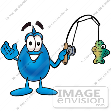 #26154 Clip Art Graphic of a Blue Waterdrop or Tear Character Holding a Fish on a Fishing Pole by toons4biz