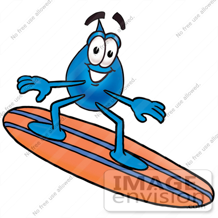 #26168 Clip Art Graphic of a Blue Waterdrop or Tear Character Surfing on a Blue and Orange Surfboard by toons4biz