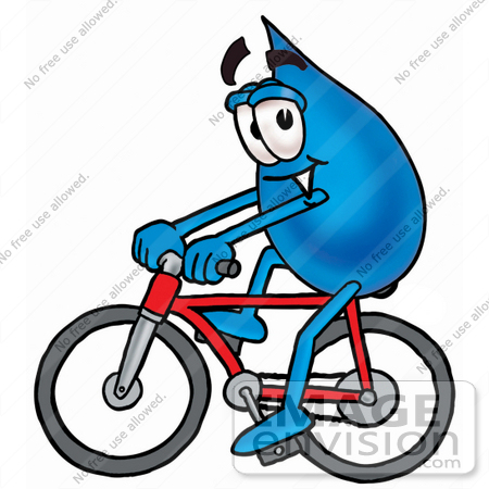#26178 Clip Art Graphic of a Blue Waterdrop or Tear Character Riding a Bicycle by toons4biz