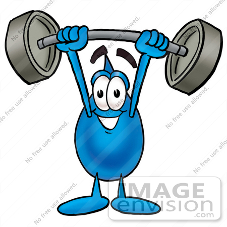#26182 Clip Art Graphic of a Blue Waterdrop or Tear Character Holding a Heavy Barbell Above His Head by toons4biz