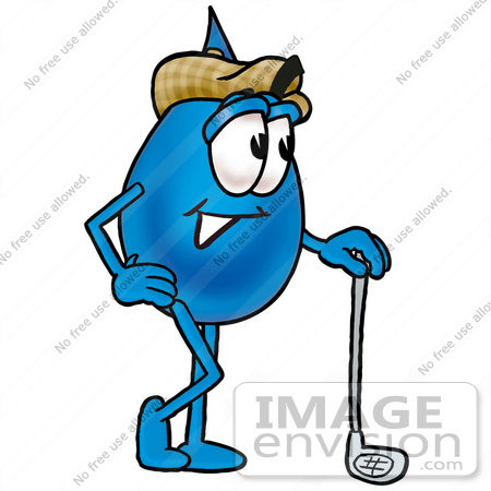 #26183 Clip Art Graphic of a Blue Waterdrop or Tear Character Leaning on a Golf Club While Golfing by toons4biz