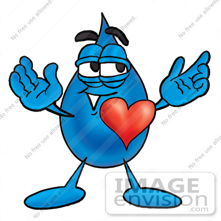 #26184 Clip Art Graphic of a Blue Waterdrop or Tear Character With His Heart Beating Out of His Chest by toons4biz