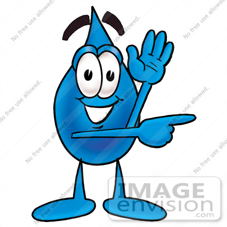 #26187 Clip Art Graphic of a Blue Waterdrop or Tear Character Waving and Pointing by toons4biz