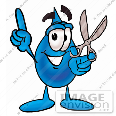 #26188 Clip Art Graphic of a Blue Waterdrop or Tear Character Holding a Pair of Scissors by toons4biz