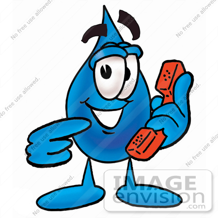 #26195 Clip Art Graphic of a Blue Waterdrop or Tear Character Holding a Telephone by toons4biz