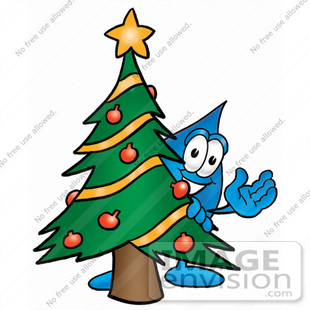 #26198 Clip Art Graphic of a Blue Waterdrop or Tear Character Waving and Standing by a Decorated Christmas Tree by toons4biz